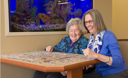 nursing homes near morrisville ny long term care image of elderly mother and daughter talking and smiling at table in front of fish tank